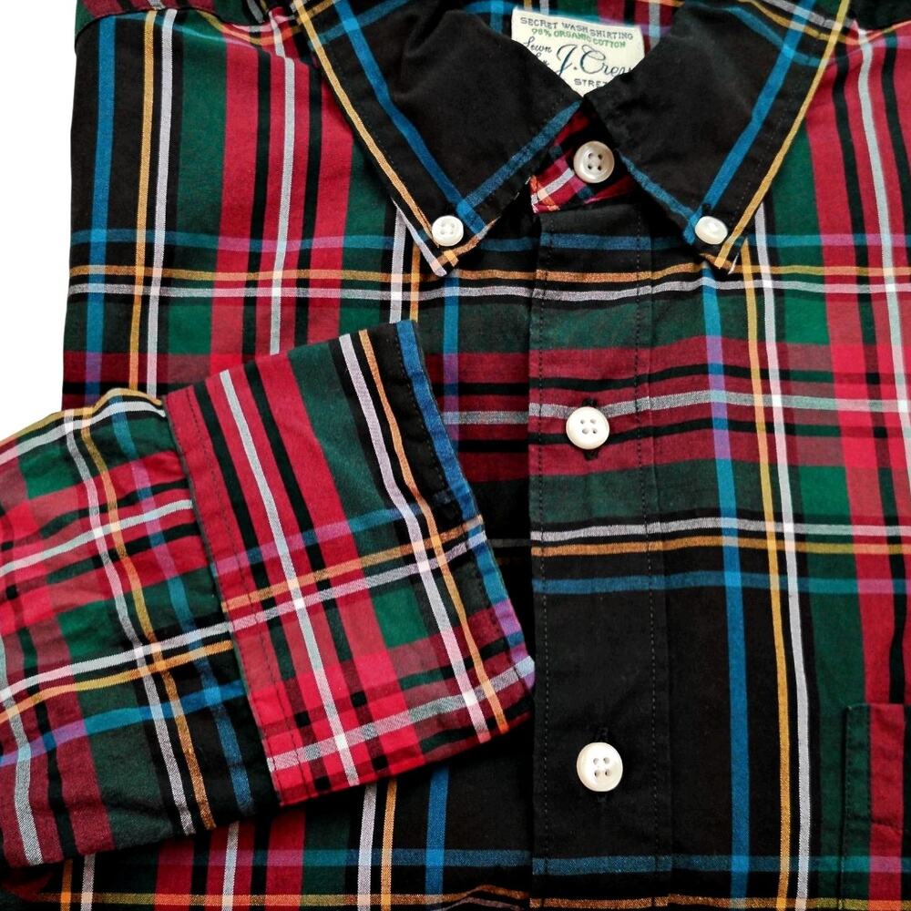 J.Crew Stretch Classic Red Green Tartan Plaid L/S Button Down Men's M Tall Prep